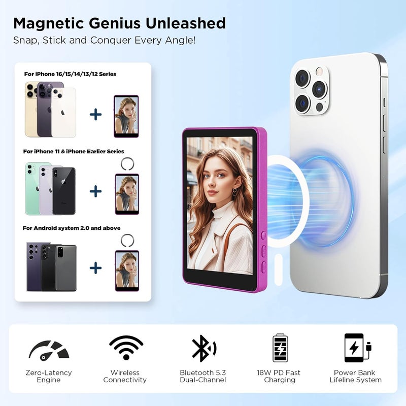 sunpin Vlog Selfie Monitor Screen, Wireless 4K/1080p Back Camera Monitor for iPhone & Android, Built-in Speaker for YouTube TikTok Live Streaming (Purple) - Image 4